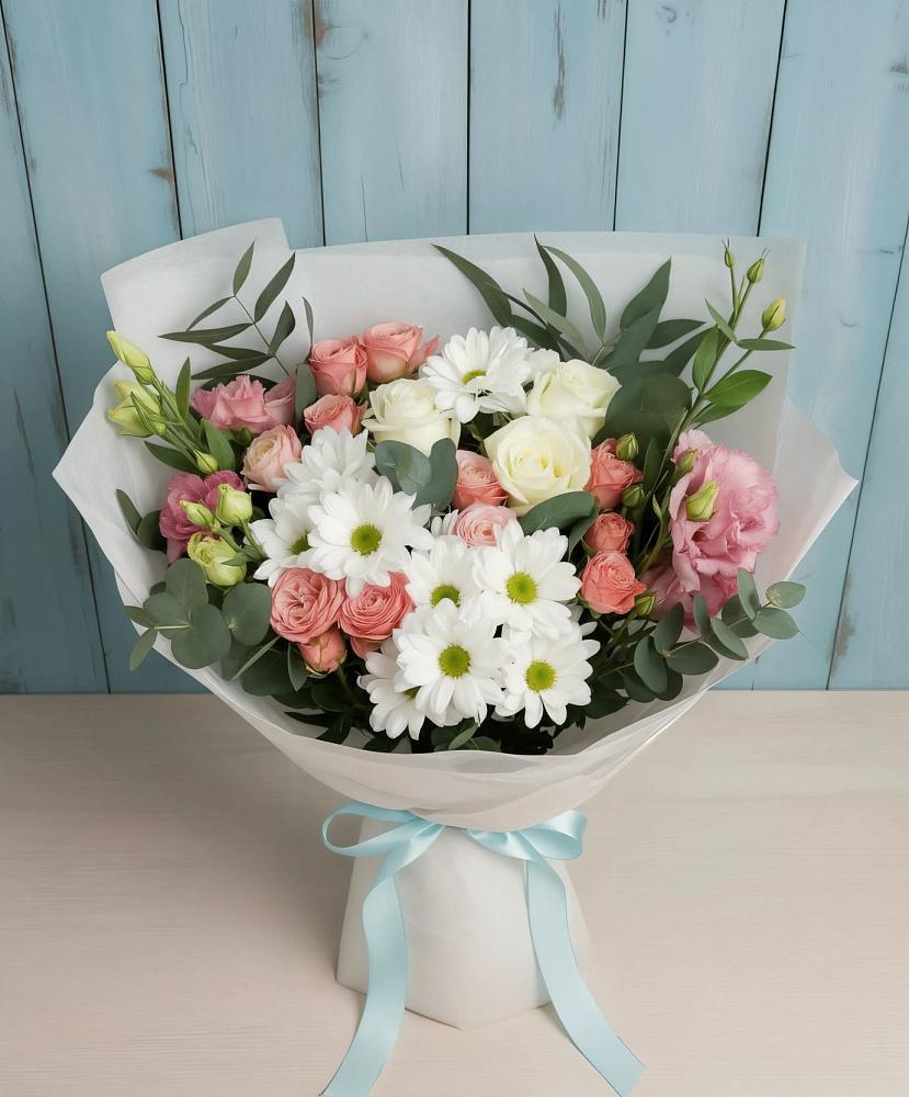 Букет цветов из: Розы, Лизиантусы и Хризантемы в Верхние Киги