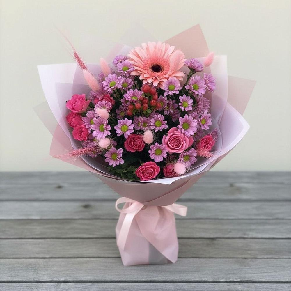 Букет цветов из: Розы, Герберы и Хризантемы в Верхние Киги