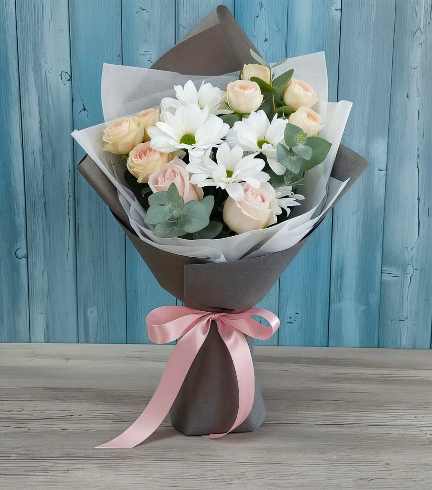 Букет цветов из: Хризантемы и Розы в Верхние Киги