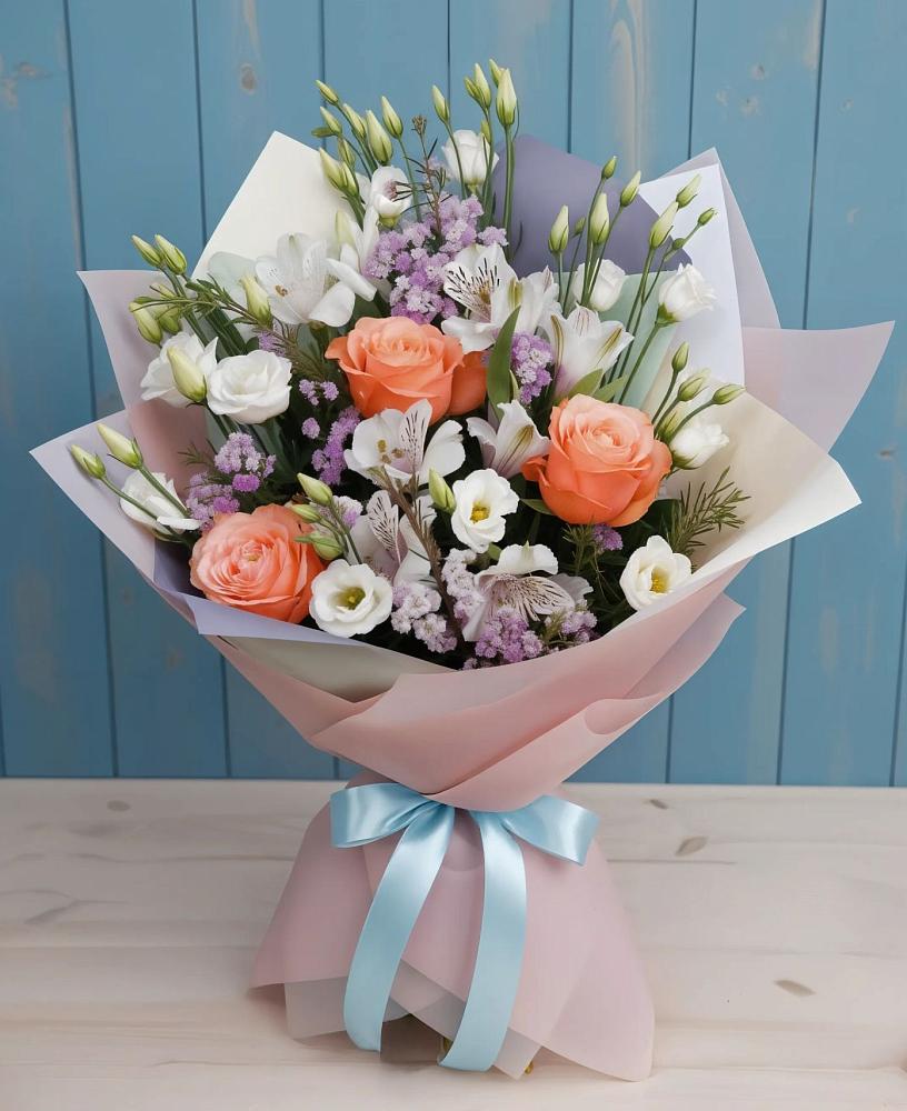 Букет цветов из: Лизиантусы, Розы, Альстромерии и Гипсофила в Верхние Киги
